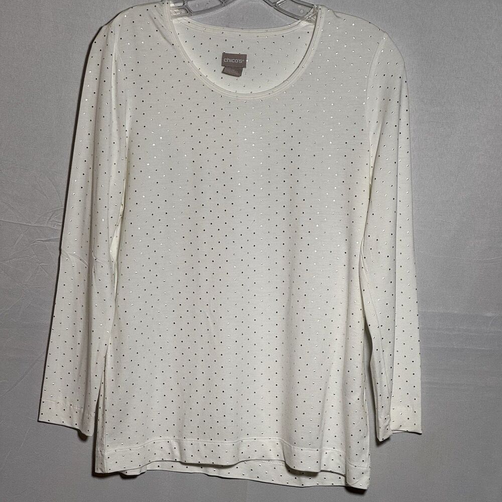 Chico’s Size 0 White Metallic Gold Polka Dot Long Sleeve Scoop Neck Top Blouse